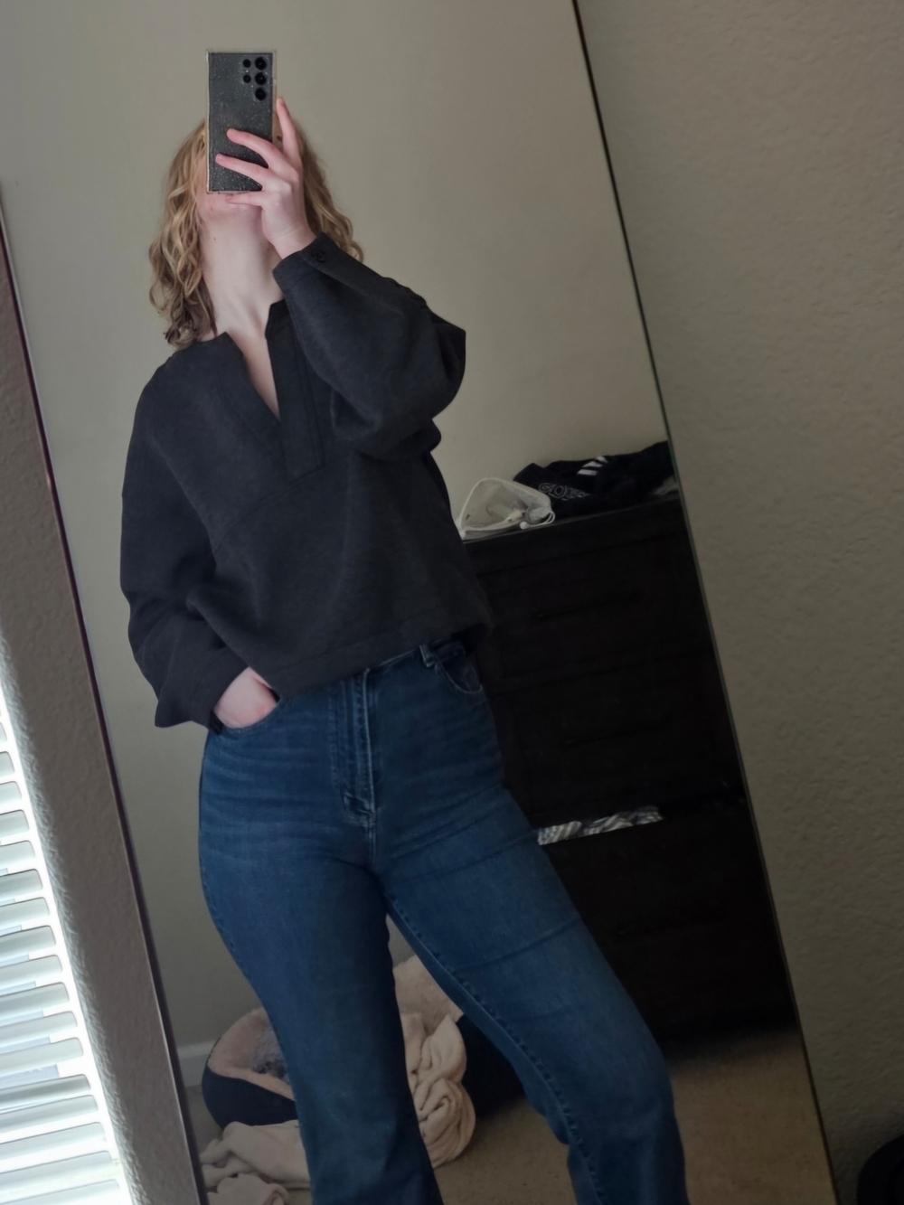 Banana Republic Heather Charcoal  Scuba V-Neck Sweatshirt - Picture 2 of 16
